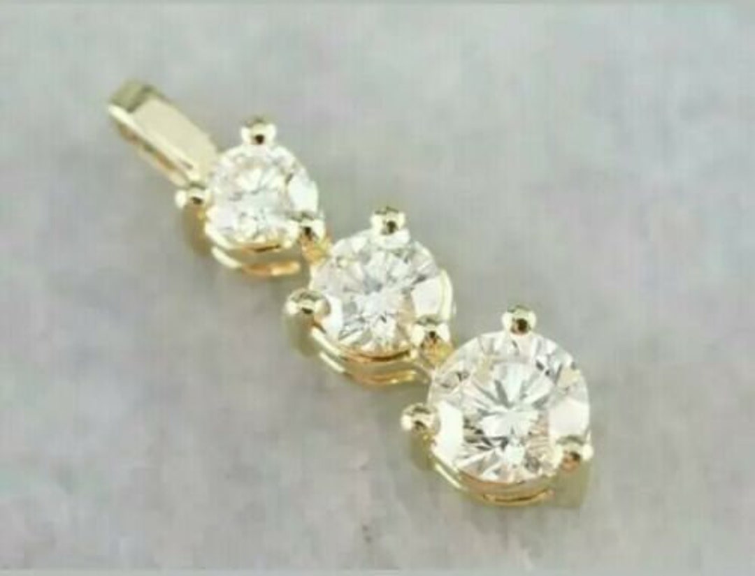0.75 Ct Diamond Three Stone Journey Drop Pendant Necklace 14k Yellow