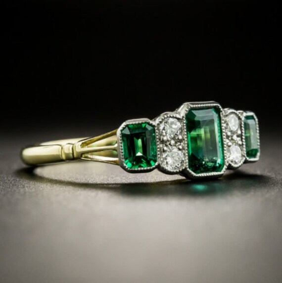 1.80 Ct Emerald /& Diamond Cluster Art Deco Vintage Ring 14K Yellow Gold Finish