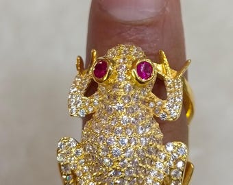 14k Gold Plated Frog Ring 3CT Ruby & Moissanite Diamond Pinky Ring
