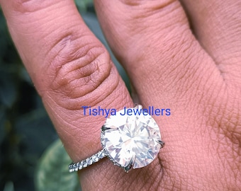 5ct Moissanite Engagement Ring, 14K White Gold Plated Sterling Silver