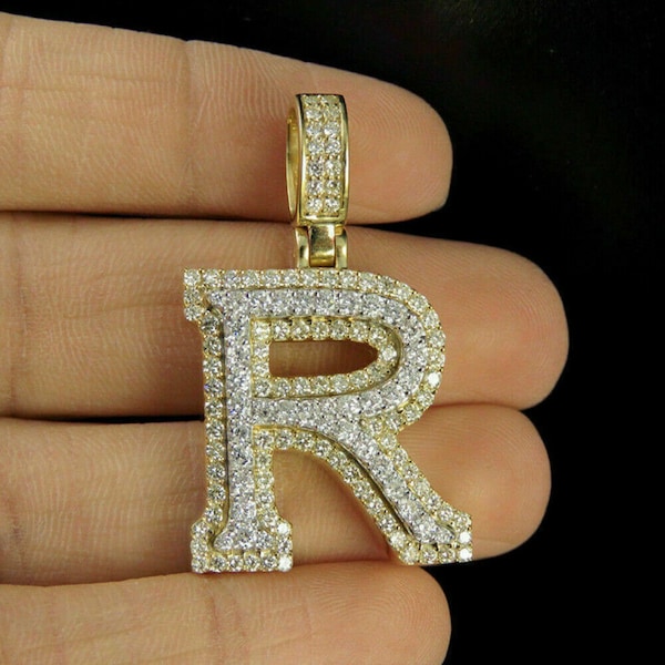 Pendentif lettre « R » initiale Fn en or jaune massif 10 carats, diamant rond 1,75 ct, pendentif initiale diamant, pendentifs lettre pour chaînes,