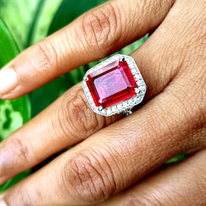 5CT Simulated Emerald Cut Ruby Halo Ring 14K White Gold Plated