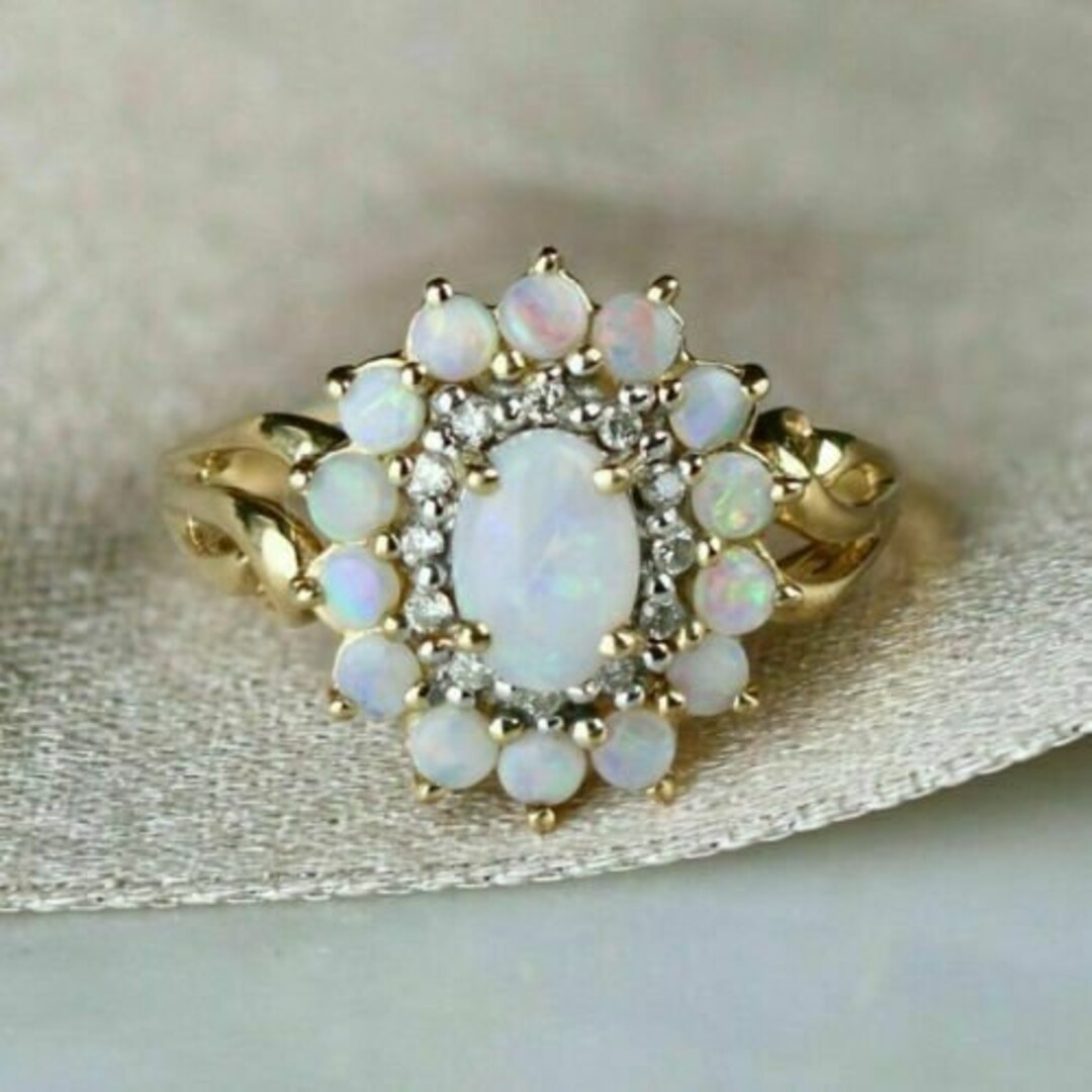 3CT Oval & Round Cut Opal 14k Yellow Gold Over Diamond Halo Cluster ...