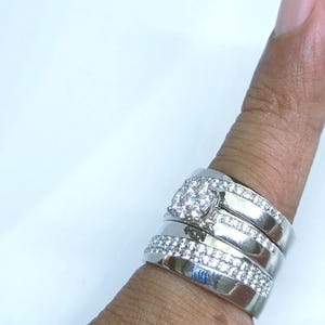 Simulated Diamond Trio Ring Set: 14k White Gold Finish Sterling Silver Wedding Bridal Ring