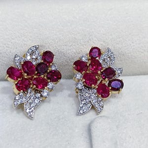 7カラット オーバルカット 模造ルビー＆ダイヤモンド フローラルイヤリング 14Kイエローゴールドメッキ 彼女へのギフト ステートメントクラスターイヤリング 誕生日プレゼント