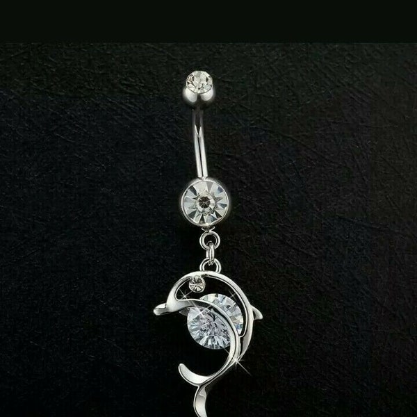 Dolphin Dangle Belly Button Navel Ring Round Diamond 3.Ct 14k White Gold Over,dolphin jewelry,belly ring dangle