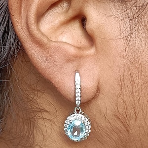 6Ct Oval Cut Simulated Solitaire Aquamarine And Diamond Hoop Earrings 14K White Gold Plated, Anniversary Gift, Gift For Birthday