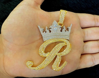 Initial R Crown Pendant 1.5ct Simulated Diamond Men&#39;s 14k Yellow Gold Plated, Alphabet Pendant, Hip Hop Jewelry, Bling Crown Necklace