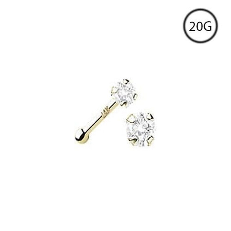14KT Yellow Gold Nose Bone Ring 2mm Clear CZ 22 Gauge 22G