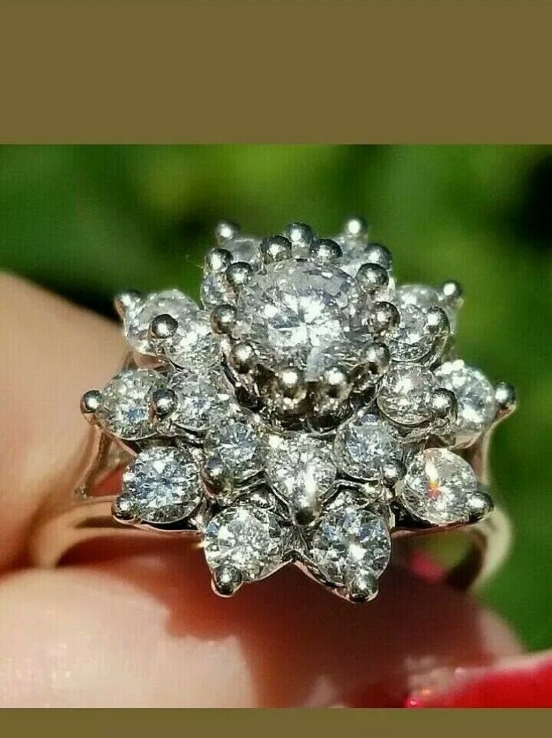 2.1 CT Vintage Diamond Flower Cluster 14k White Gold Over - Etsy