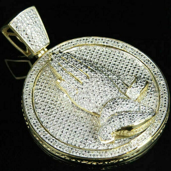 14K Yellow Gold Finish Praying Hand Medallion 1.50Ct Round Cut Diamond Pendant,Hip Hop Pendant,Men's Diamond Pendant  summer jewelry