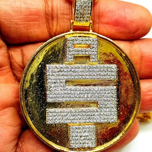 14k Yellow Gold Finish All Money Simulated Diamond Pendant with Rope Chain Gift For Him, Men&#39;s pendant, Women&#39;s pendant, Customized pendant