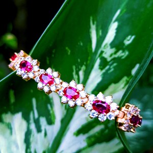 Simulated Ruby & Diamond Tennis Bracelet: 14k Yellow Gold Finish, Sterling Silver