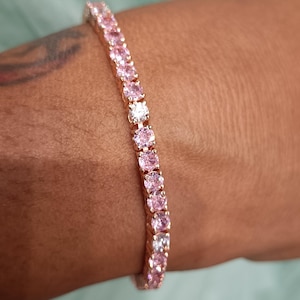 6.50Ct 14K Rose Gold Plated Simulated Pink Sapphire & Diamond Tennis Bracelet, Women&#39;s Bracelet, Anniversary Gift Jewelry
