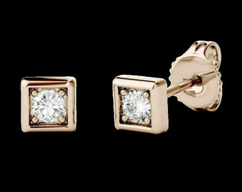 10K Gold Square Stud Earrings, Solid 10K Rose Gold Push-back Studs, Round Cut Solitaire Diamond Earrings