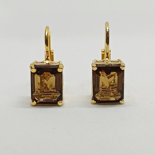 Emerald Cut Smoky Brown Topaz Leverback Earrings 14k Yellow Gold over