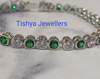 Simulated Green Emerald & Diamond Tennis Bracelet: 14K White Gold Plated