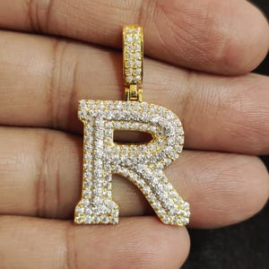 10K Yellow Gold Finished Initial &quot;R&quot; Letter Charm Pendant 1.75Ct Round Simulated Diamond, Initial pendant, letter pendants for chains