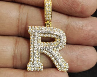 10K Yellow Gold Finished Initial &quot;R&quot; Letter Charm Pendant 1.75Ct Round Simulated Diamond, Initial pendant, letter pendants for chains