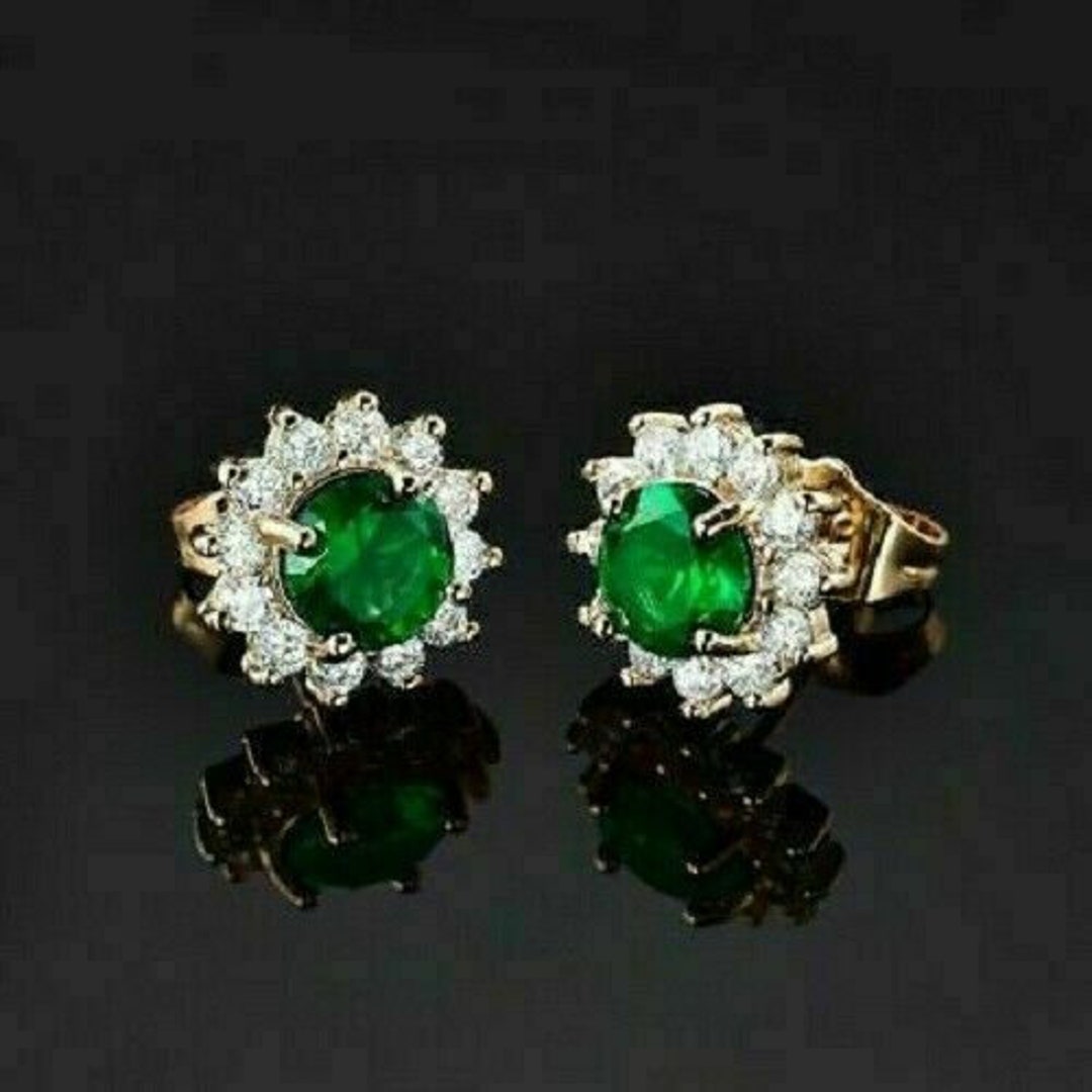 14K Yellow Gold Over 2ct Round Cut Emerald Diamond Halo Cluster Stud ...