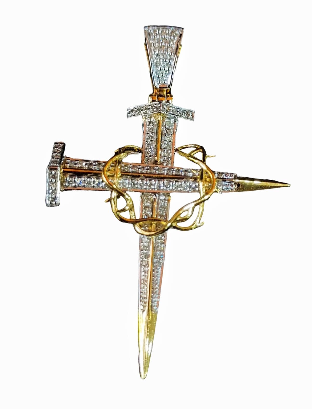 Unisex 10k Solid Yellow Gold Crown of Thorns Nail Cross Real Unisex 10k Solid Yellow Gold Crown of Thorns Nail Cross Real