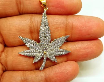 Marijuana Leaf Pendant, Simulated Diamond, 14K Yellow Gold Finish, 925 Sterling Silver