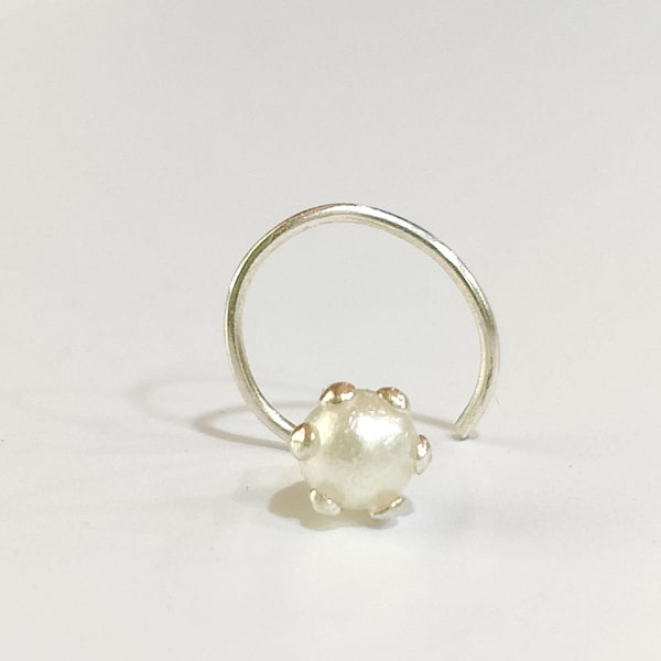 3.5 MM White Pearl Sterling Silver Nose Lip Labret Piercing Stud Ring, Silver Piercing Ring