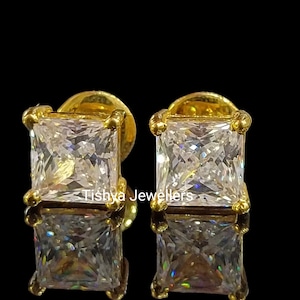 4カラット プリンセスカット 模造ダイヤモンド 4プロング プッシュバック スタッド イヤリング 14K イエローゴールド仕上げ、ソリティア イヤリング、イヤリング、ゴールド イヤリング