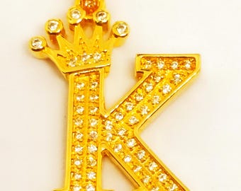K Initial Pendant with Crown 14k Yellow Gold Finish 1.00 Ct Round Cut Simulated Diamond, Iced Out Letter Charm Pendant, Gift for Him or Her