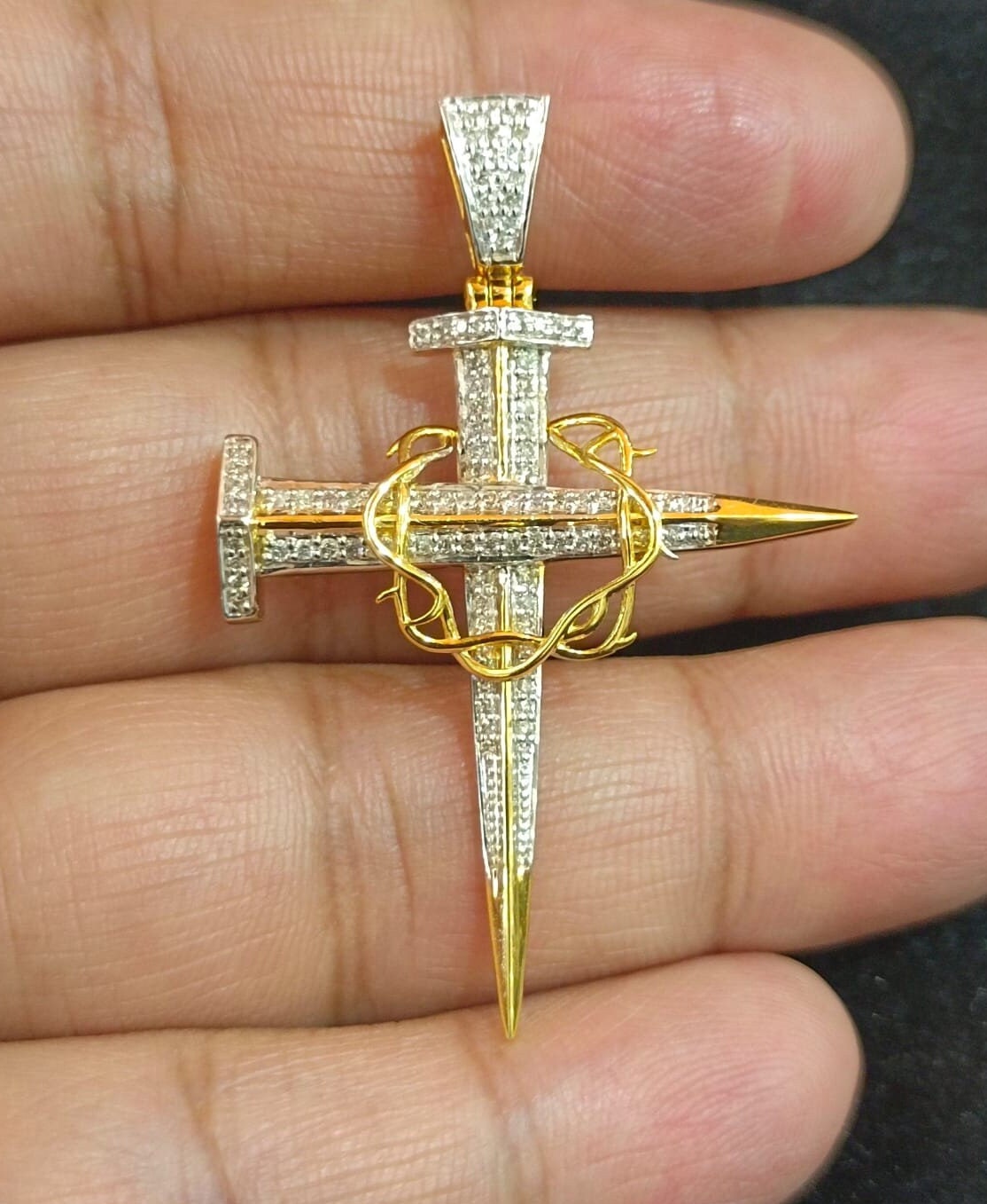 10K Yellow Gold Dagger Nail Diamond Cross Pendant Crown of Thorns Charm 0.41 ct
