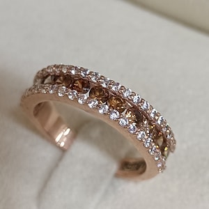 Anello per anniversario di matrimonio con diamanti finti marroni e bianchi in oro rosa 14 carati, anello con diamanti marroni, anello champagne, anello di fidanzamento