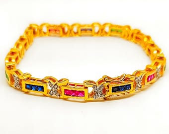 Simulated Ruby, Sapphire, Emerald & Diamond Tennis Bracelet, 14K Yellow Gold Over Sterling Silver