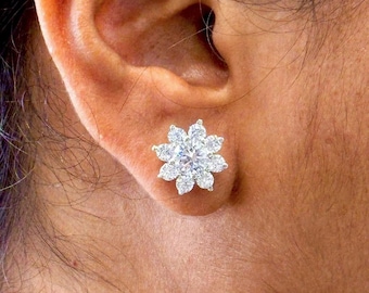 3.50CT Real Moissanite Elegant Flower Stud Earrings 14K White Gold Plated