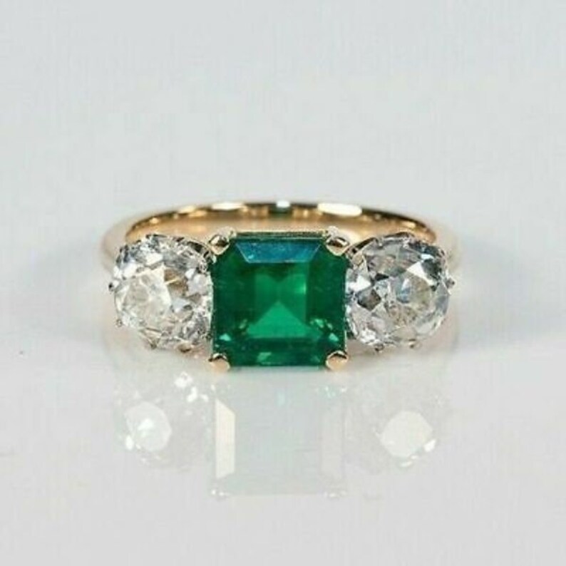 4 Ct Asscher Emerald /& Diamond 3-Stone Art Deco Wedding Ring 14k Yellow Gold Over
