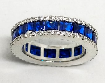 2Ct Princess Cut Blue Sapphire Eternity Wedding Band Ring 14K White Gold Finish