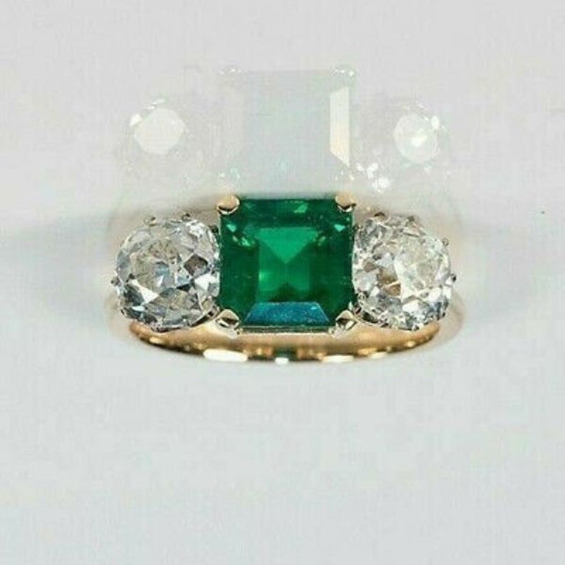 4 Ct Asscher Emerald /& Diamond 3-Stone Art Deco Wedding Ring 14k Yellow Gold Over