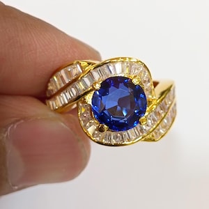 Simulated Sapphire Engagement Ring: Baguette 14K Yellow Gold Plated