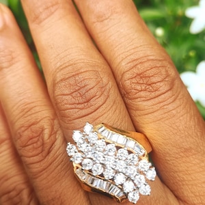 Huge 2.50Ct Simulated Diamond Cluster 14K Yellow Gold Plated Cocktail Ring, Bridal Set Ring, Baguette Diamond Ring, Birthday Gift Ring