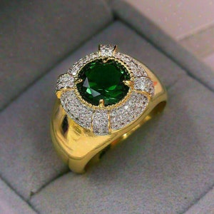 3 CT Round Cut Green Emerald Men's Wedding Pinky Ring Band 14K Yellow ...