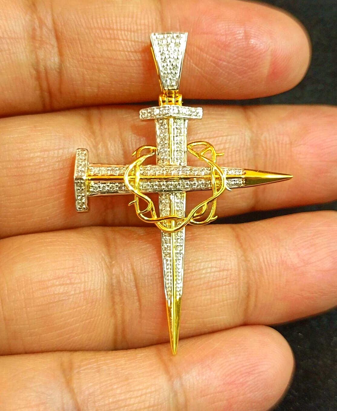 Unisex 10k Solid Yellow Gold Crown of Thorns Nail Cross Real Unisex 10k Solid Yellow Gold Crown of Thorns Nail Cross Real