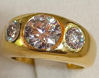 Moissanite Three Stone Men's Ring - 14K Yellow Gold Finish
