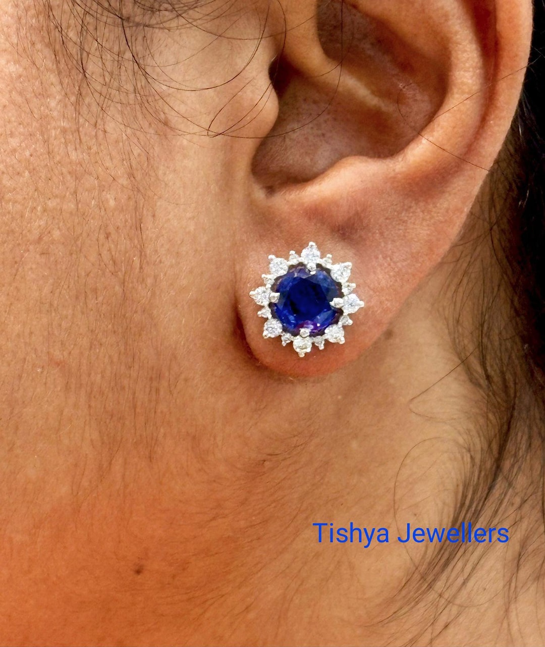 Royal Blue Sapphire Stud Earrings: 14k White Gold Plated - Main Image