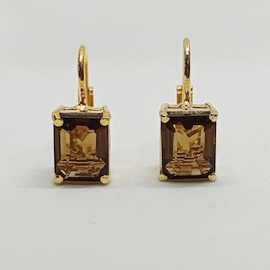 Simulated Emerald Cut Smoky Brown Topaz Lever back Earrings 14k Yellow Gold over, Gift For Birthday
