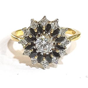 Bague imitation marquise noire 1,38 carat et princesse diamant blanc fleur - Plaqué or jaune 14 carats