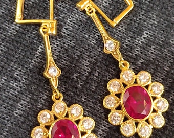 Ruby Halo Drop Red Gemstone Dangle 925 Sterling Silver Gold Earrings, July Birthstone Jewelry