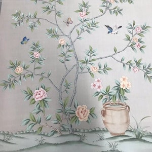 Chinoiserie Handpainted Artwork on Silver Grey Slub Silk: Panel Size 36" by 45"