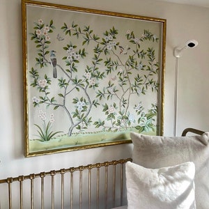Reserved for Sarah: Pair of 40"x36" Chinoiserie Hand-Painted Wall Art on Light Blue Silk SP-30 | Unframed Birds & Blossoms Panel