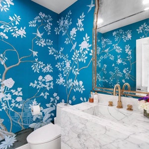 Chinoiserie Handpainted Wallpaper on Custom Blue Paper | Botanical Birds Mural for Powder Room Decor | G-031 Lingering Garden