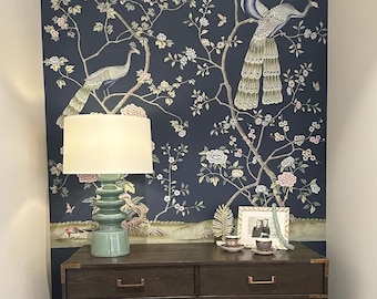 32&quot; x 75&quot; Peacock and Peony Chinoiserie Handpainted Wallpaper on Blue Silk DP-27