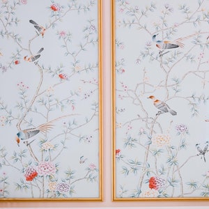 24" by 48" Chinoiserie Handpainted Artwork on Light Blue Silk SP-25